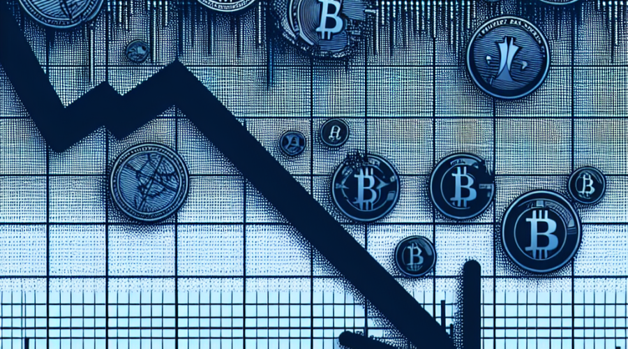 "Dark blue Bitcoin value trend line chart showing a descending value to ,000, overlaid with Bitcoin logo-stamped coins, against a white background. Emphasized by 'Bitcoin Value Drops!' title in bold, midnight blue and 'US-Iran Conflict Impact & Key Support Levels' subtitle in orange. Image sized 1200 x 628 pixels."