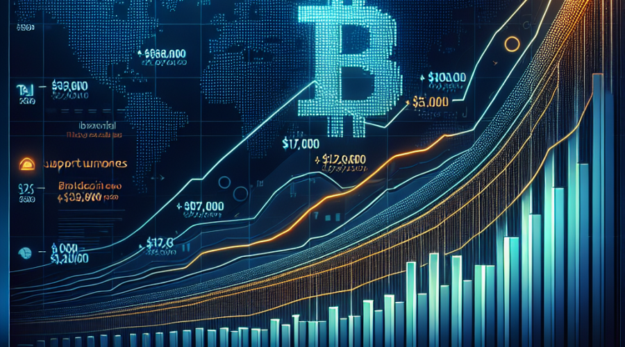 "Graphical illustration of Bitcoin's escalating value, highlighting crucial resistance and support levels at 0,000, 7,000, 2,000, and 7,000, set against a mesmerizing dark blue backdrop with orange and midnight blue hues. The image encapsulates the financial upsurge and the vibrancy of the Bitcoin market, underlining 'Bitcoin's March Towards Record High: Key Levels to Watch'."