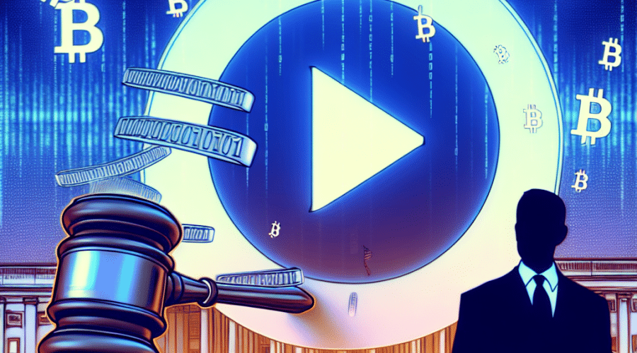 "Logo de TikTok y Donald Trump con memecoins girando a su alrededor en un fondo degradado de azul medianoche (#021B88) y azul oscuro (#000D43), con un martillo de juez alusivo a un debate y el Capitolio de los Estados Unidos en segundo plano para hacer referencia a la acusación del congresista Brad Sherman. Código binario tenue intercalado para indicar la relación con las criptomonedas. Leyenda 'Trump Coins Controversy' en fuente nítida y en negrita con nuestro color de marca naranja (#FF9811) en la parte inferior. Las dimensiones de la imagen son de 1200 x 628 píxeles."
